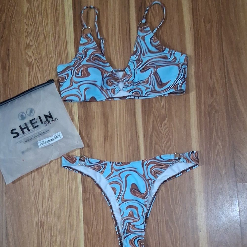 SHEIN Blue and Brown Patterned Bikini Set